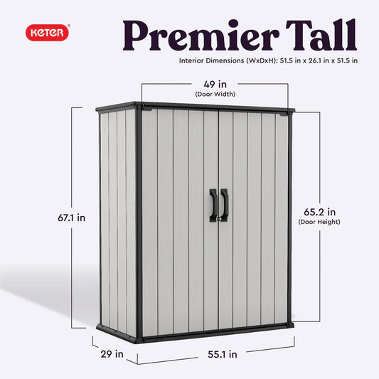 Keter Premier Tall Vertical Durable Resin Outdoor Storage Shed With Floor And Locking Double Doors, Grey