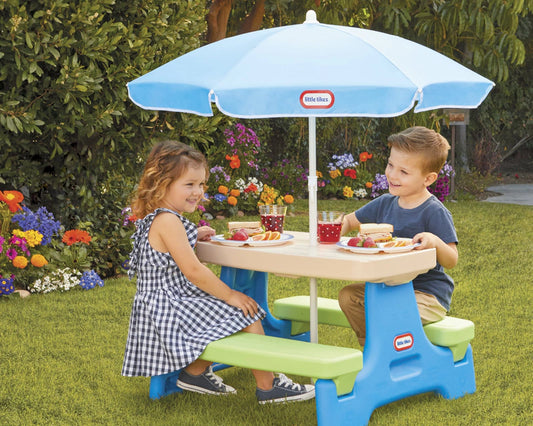 Little Tikes Easy Store Kids Durable Picnic Table With Umbrella, Indoor Outdoor, Ages 2 Plus