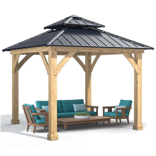 10 x 10 Ft. Outdoor Patio Hardtop Gazebo With Wood Frame And 2-Tier Metal Roof, All-Weather Gazebo Pergolas Shelter