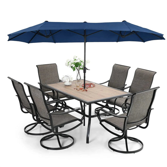8-piece Patio Dining Set With Parasol, Garden Furniture Set With 6 Swivel Dining Chairs With Mesh Covers