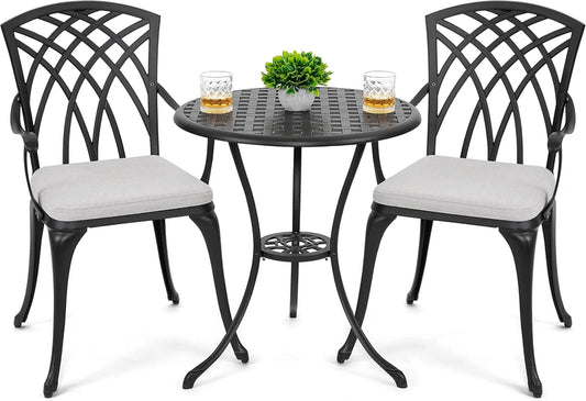 Nuu Garden Bistro Set 3 Piece Outdoor Cast Aluminum Patio Bistro Set Patio Table And Chairs Set Of 2 With Umbrella Hole And Gray Cushions, Black