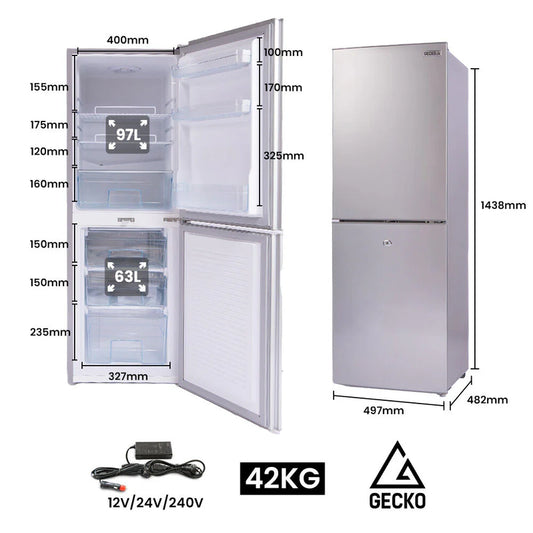 Gecko 160L Upright Portable Fridge/Freezer, 12V/24V/240V For Motorhome And Caravan, Silver
