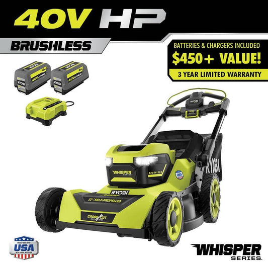 Ryobi 40V HP Brushless 21-in Self-Propelled Awd Lawn Mower, Whisper Series, Includes, 2 6.0Ah Batteries And Charger