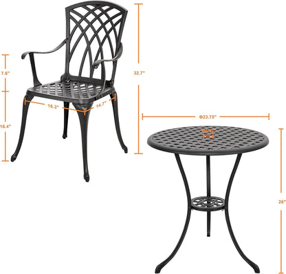 Nuu Garden Bistro Set 3 Piece Outdoor Cast Aluminum Patio Bistro Set Patio Table And Chairs Set Of 2 With Umbrella Hole And Gray Cushions, Black