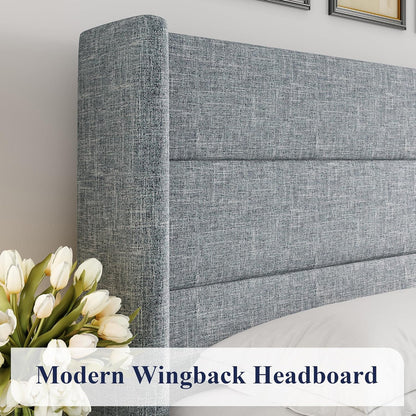 Allewie Queen Size Lift Up Storage Bed, Modern Wingback Headboard, Hydraulic Support, No Box Spring Needed, Light Beige