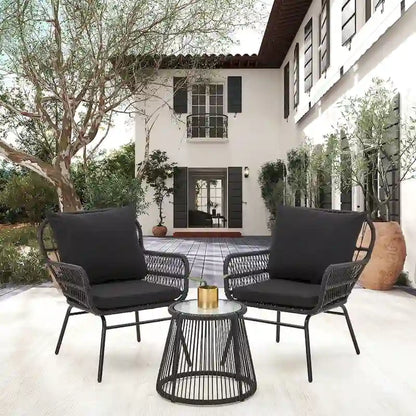 3-Piece Patio Conversation Bistro Set, Outdoor Rattan Furniture Set With Glass Table And 2 Wide Armchairs, Seat Cushions