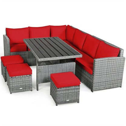 7 Pcs Rattan Patio Dining Furniture Sectional Sofa Set With Dining Table, Ottomans And Cushions
