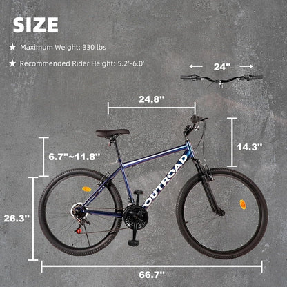Outroad 26 In. Mountain Bike, 21-Speed/High-Carbon Steel/Aviation Grade Frame, Dual Disc/V Brake