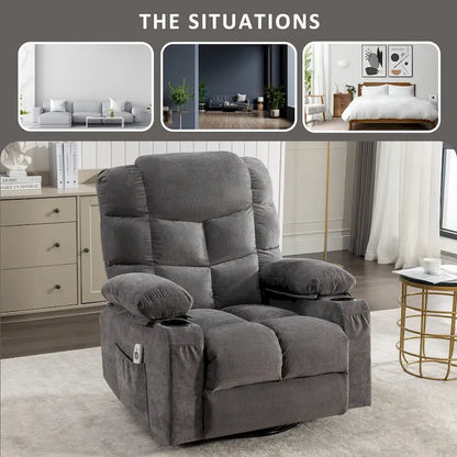Grey Oversized Recliner With Heat And Massage, 150 Recline, 30 Rocking, USB Charging, And 2 Cup Holders