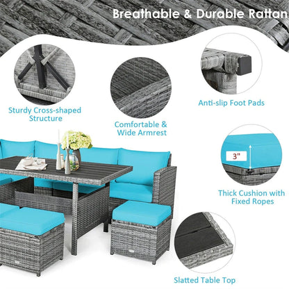 7 Pcs Rattan Patio Dining Furniture Sectional Sofa Set With Dining Table, Ottomans And Cushions