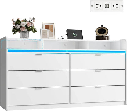 9 Drawer LED Dresser For Bedroom, 58.35 In. Wide Wood Dresser Storage Organizer With Power Outlets For 65 In. TV, Dressers With Open Shelves
