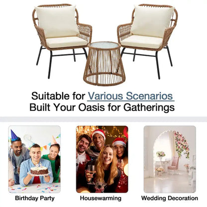 3-Piece Patio Conversation Bistro Set, Outdoor Rattan Furniture Set With Glass Table And 2 Wide Armchairs, Seat Cushions