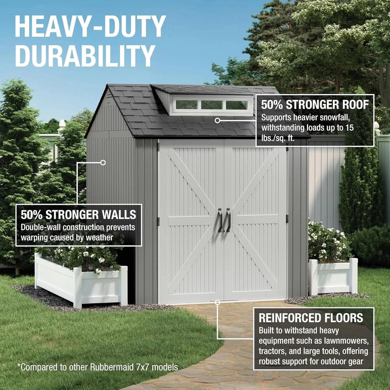 Rubbermaid Resin Garden Shed With Floor, 2.13 x 2.13 M, Weatherproof, Grey, For Storing Garden Tools, Lawnmowers, Bicycles And Pool Accessories