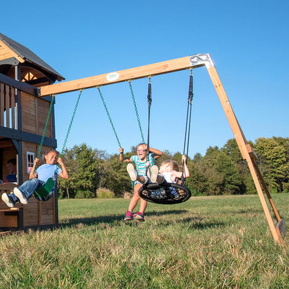 Backyard Discovery Canyon Creek Cedar Wood Swing Set With Wave Slide, Clubhouse, Play Kitchen, Picnic Area, Belt Swings, Web Swing, Rock Wall