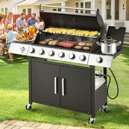 Upgraded 4 Burner Bbq Propane Gas Grill With Cast Iron Grates And Side Stove, 44,000 BTU Stainless Steel Burner Barbecue Grill For Patio
