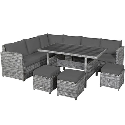 7 Pcs Rattan Patio Dining Furniture Sectional Sofa Set With Dining Table, Ottomans And Cushions