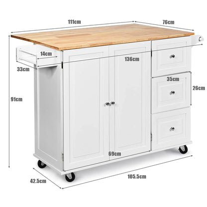 Giantex Kitchen Island Cart, Large Trolley Cart w/Drop-Leaf Tabletop, Large Cabinet, 3 Drawers, Spice Rack, Towel Rack
