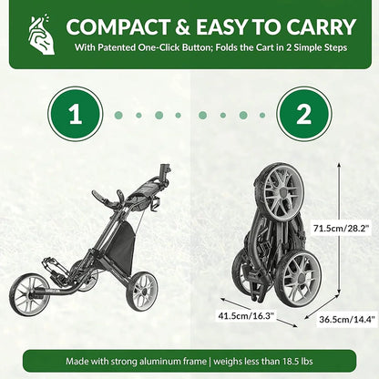 3Wheel Golf Push Cart, Golf Trolley Foldable Collapsible Lightweight Pushcart With Foot Brake, Easy To Open And Close
