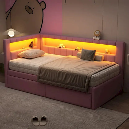 Upholstered Platform Bed With USB Ports And LED Lighting, Full/Twin Size Bed Frame With 2 Storage Drawers, Modern Bedroom
