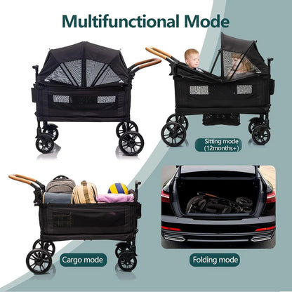 Wagon Stroller For 2 Kids And Cargo-Travel Stroller Push-Pull Double Wagon Lightweight Folding Stroller For Newborn And Toddler With 5-Point