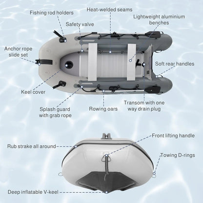 Inflatable Boat, Yacht Dinghy Tender Raft, Multi Person Fishing Boat, Aluminum Floor Oars, Fishing Rod Holders, Heavy-Duty PVC, 2024 Model