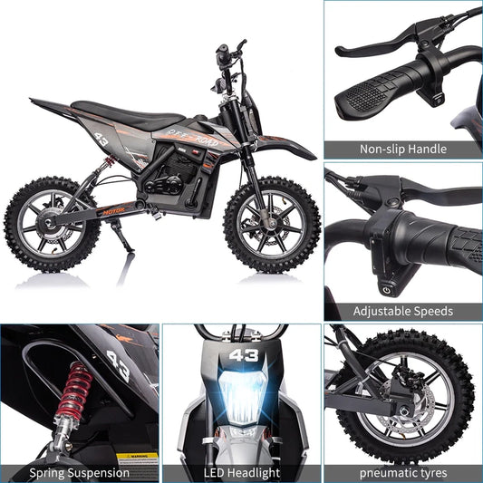 Electric Dirt Bike For Kids, 36V Ride On Motorcycle, Up To 15.5MPH, 350W Brushless Motor, LED Headlight, Leather Seat, Front And Back Brakes