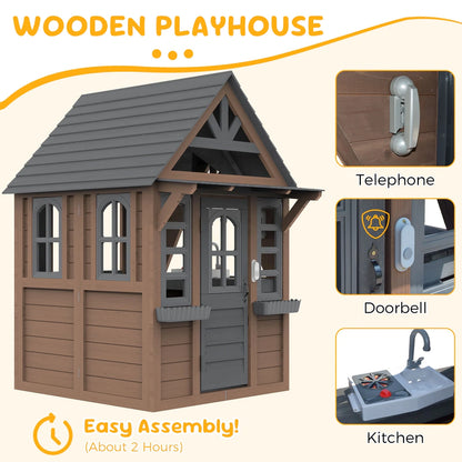 Coclub Outdoor Playhouse For Kids Ages 4-8, Wooden Play House With Doorbell, Phone, Kitchen Toys, Outdoor Kids Play Equipment, Casa Para Ni As