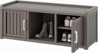 Kamaboko Outdoor Shoe Storage Cabinet, Waterproof UV-Resistant Entryway Storage Bench Indoor Outdoor With 2 Barn Doors