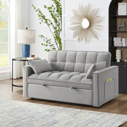 4 in1 Loveseat Sofa Bed With Armrests And Storage Pockets, Multi-Function Tufted Pull-Out Sofa Bed With Adjustable Backrest