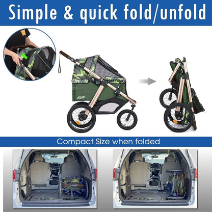Jogging Sports Stroller With Comfort Rubber Wheels/Zipper-Less Entry/1-Hand Quick Fold/Aluminum Frame For Small/Medium Dogs, Cats And Pets, Green Camo