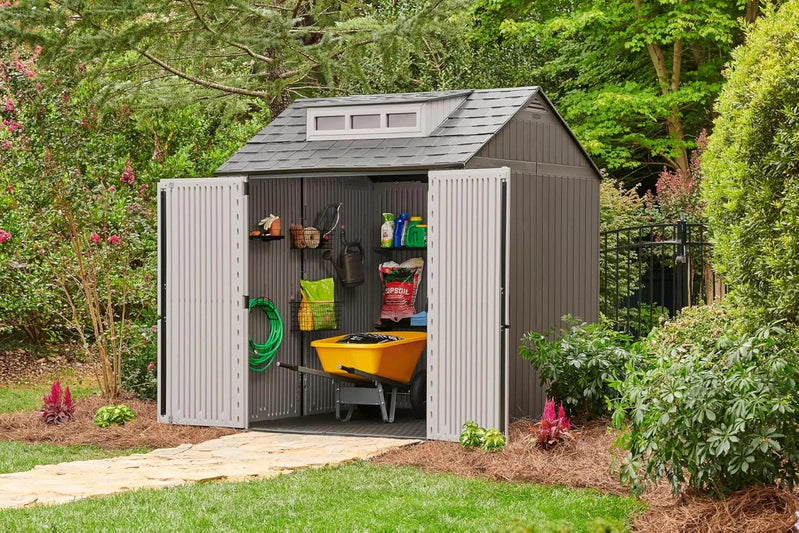 Rubbermaid Resin Garden Shed With Floor, 2.13 x 2.13 M, Weatherproof, Grey, For Storing Garden Tools, Lawnmowers, Bicycles And Pool Accessories
