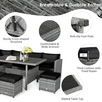 7 Pcs Rattan Patio Dining Furniture Sectional Sofa Set With Dining Table, Ottomans And Cushions