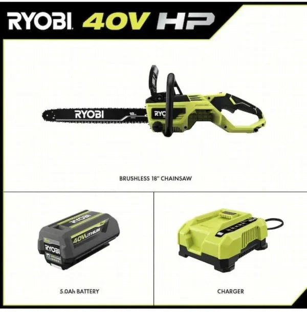 Ryobi 18 In. 40V Cordless Chainsaw Kit With Battery And Charger, Green