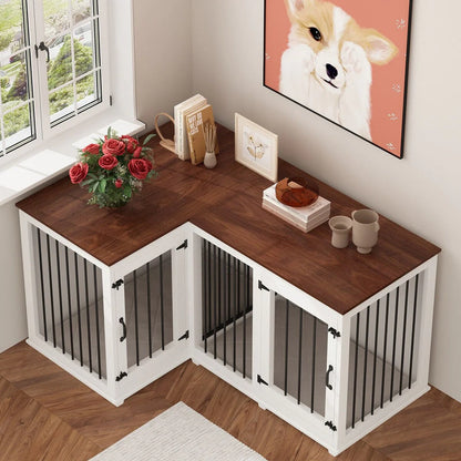 Large Corner Dog Crate Furniture For 2 Dogs, L Shape Dog Crate Cage, 58.7X41.1