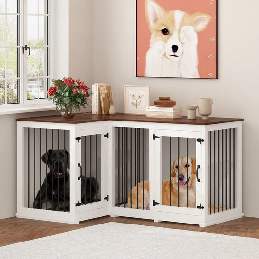 Large Corner Dog Crate Furniture For 2 Dogs, L Shape Dog Crate Cage, 58.7X41.1