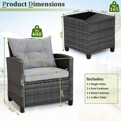 Gymax 3PCS Patio Rattan Sofa Set Outdoor Wicker Conversation Set Glass Tabletop w/Grey Cushion