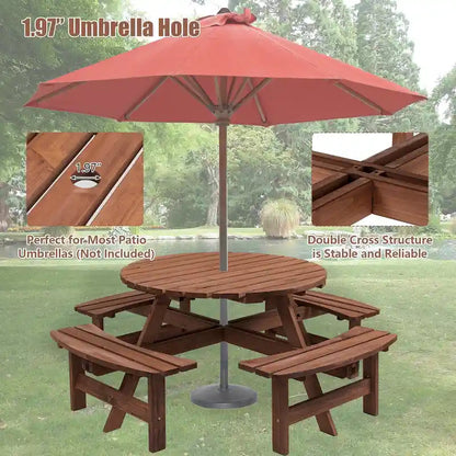8-Person Outdoor Patio Fir Wood Round Picnic Dining Set With 4 Built-In Benches And Umbrella Hole