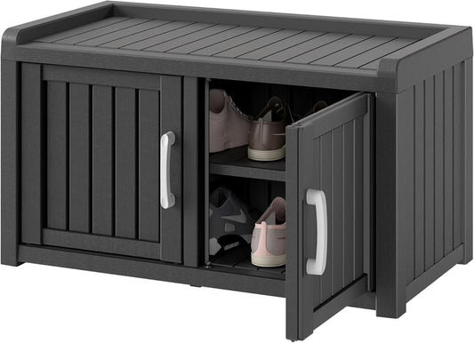 Kamaboko Outdoor Shoe Storage Cabinet, Waterproof UV-Resistant Entryway Storage Bench Indoor Outdoor With 2 Barn Doors
