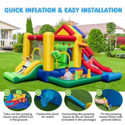 Costway Colorful Rainbow Kids Inflatable Bounce Castle With 50 Ocean Balls And 735W Blower