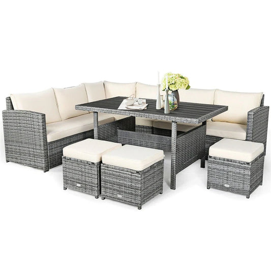 7 Pcs Rattan Patio Dining Furniture Sectional Sofa Set With Dining Table, Ottomans And Cushions