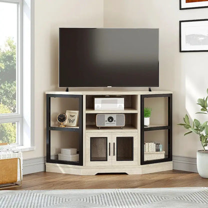 Farmhouse Corner TV Stand Entertainment Center Media Console For TVs Up To 55 With Power Outlet