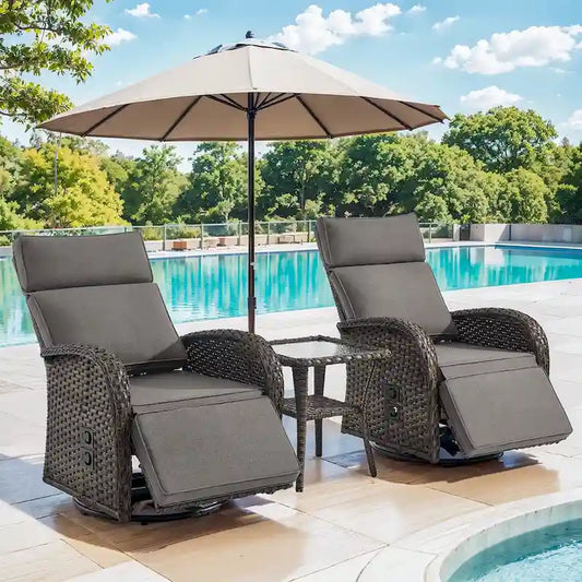 Pocassy 3PCS Versatile Outdoor Recliner Chair With Side Table Grey Cushion