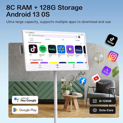 32-Inch Portable TV, 1080P FHD Rolling TV On Wheels With Rotatable Touch Screen, Android 13 OS, 8G Ram Plus 128G Storage, Built-In Battery