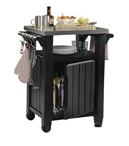 Keter Unity Portable Outdoor Table And Storage Cabinet With Hooks For Grill Accessories-Stainless Steel Top For Patio Kitchen Island Or Bar Cart