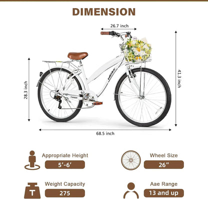 Weize Beach Cruiser Bike 26 In. Commuter Bicycle For Adult Men And Women 7-Speed/High-Carbon