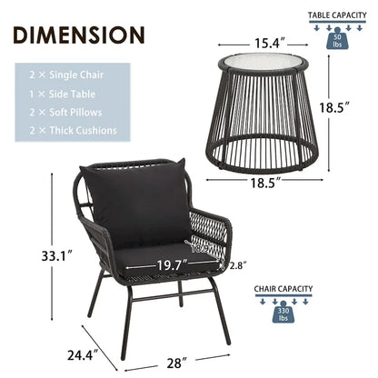 3-Piece Patio Conversation Bistro Set, Outdoor Rattan Furniture Set With Glass Table And 2 Wide Armchairs, Seat Cushions