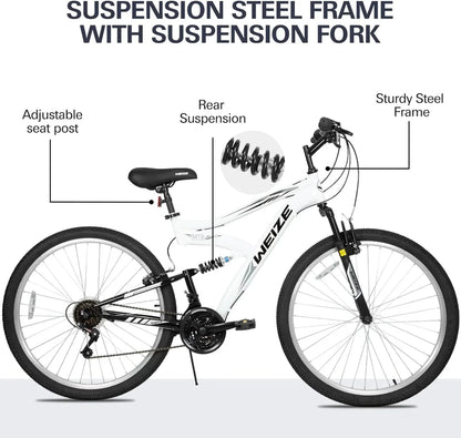 Weize Mountain Bike 26 27.5 In. Outdoor Hybrid Bikes 18-Speed High-Carbon Steel Full Suspension