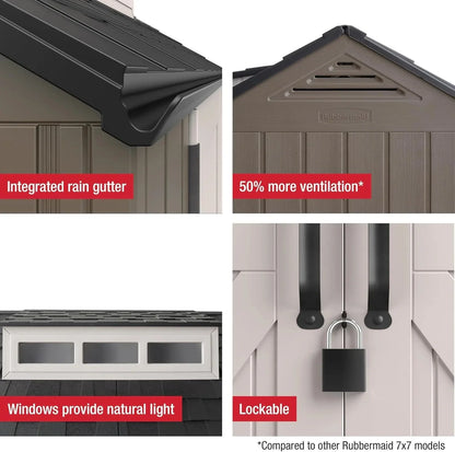 Rubbermaid Resin Garden Shed With Floor, 2.13 x 2.13 M, Weatherproof, Grey, For Storing Garden Tools, Lawnmowers, Bicycles And Pool Accessories