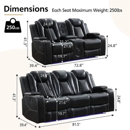 Power Reclining Sofa With Wireless Charger, Reading Light For Living Room, Faux Leather LED Light, AC/USB Port, Cup Holder, Black