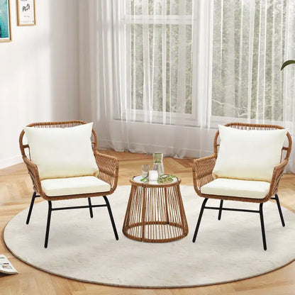 3-Piece Patio Conversation Bistro Set, Outdoor Rattan Furniture Set With Glass Table And 2 Wide Armchairs, Seat Cushions